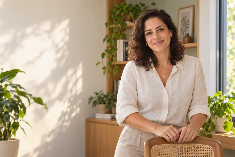 Lívia sorrindo junto à janela, em um ambiente claro com plantas.